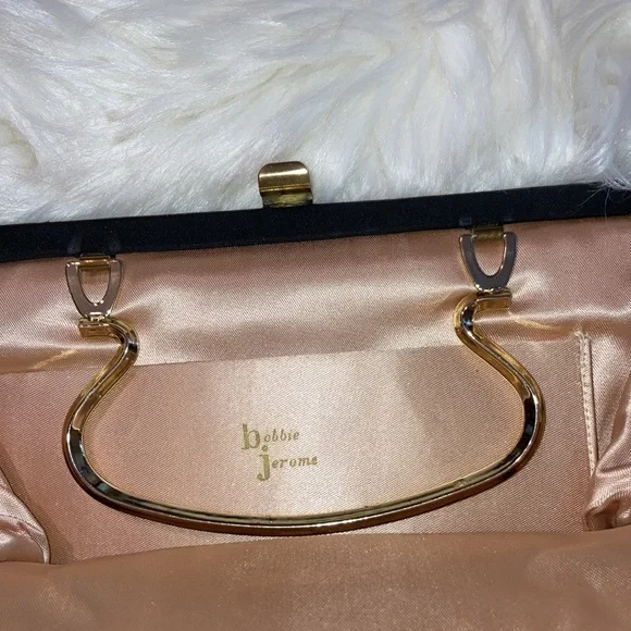 BOBBIE JEROME blk evening bag, sz. on pics, 1 spot, gold handle option. $15 - Picture 4 of 8